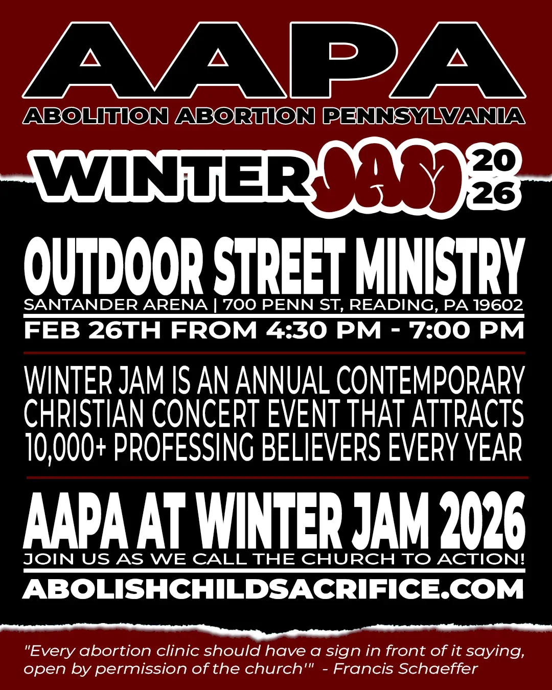 AAPA at Winter Jam 2026 flyer for outdoor street ministry at Santander Arena
