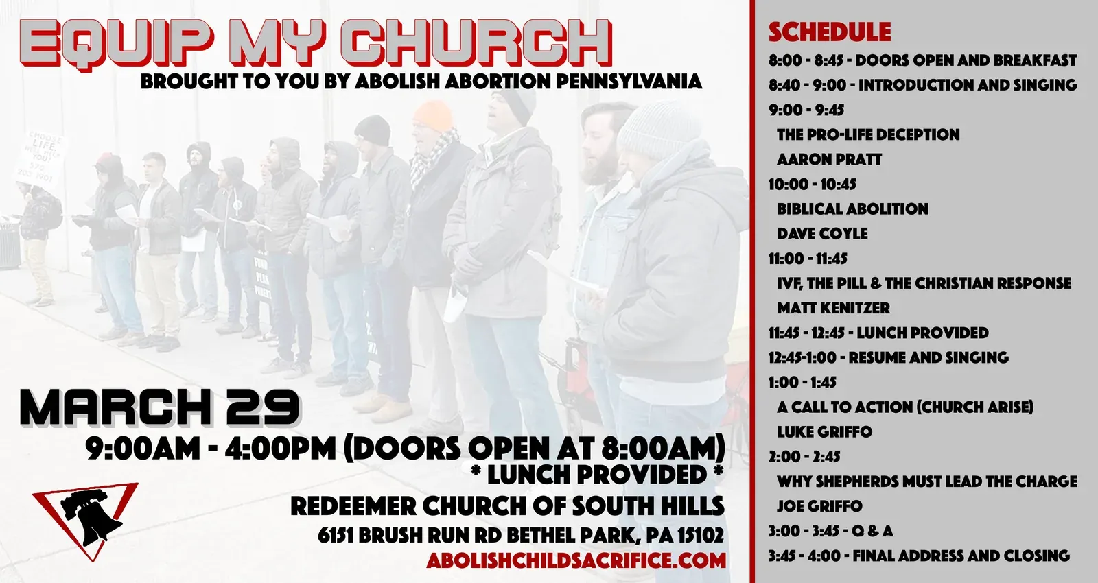 Equip My Church flyer for Redeemer Church of South Hills with the full day schedule