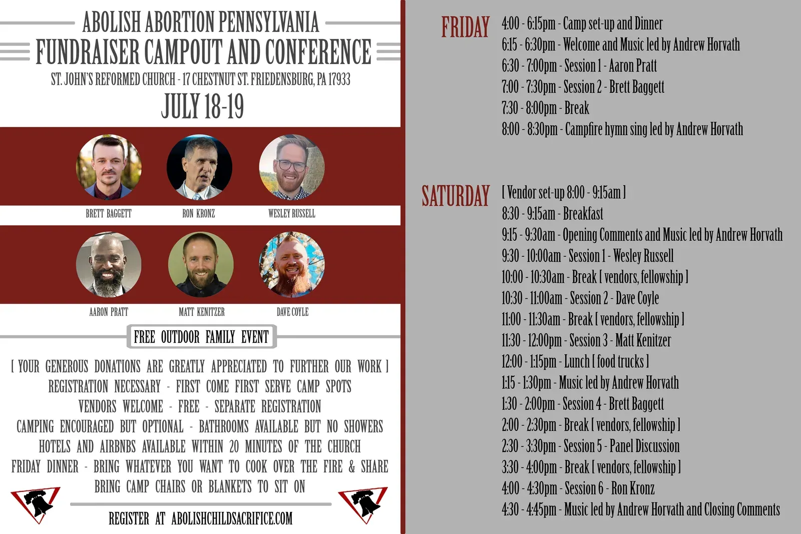 Fundraiser Campout and Conference flyer showing speakers and the two-day schedule